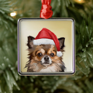 Kerstchihuahua puppy met kersthoed metalen ornament