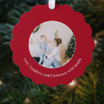 Kerstcitaat Liefde Lachen Ornament Kaart<br><div class="desc">**Vier liefde, gelach en familie deze kerst met ons gepersonaliseerde fotopapier Ornament** Deze feestdagen koesteren de liefde, het gelach en de kostbare momenten die met familie worden gedeeld als je je kerstboom siert met ons gepersonaliseerde fotopapier Ornament. Met een cirkelvormige fotosjabloon waarmee u uw meest hartverwarmende herinneringen en het ontroerende...</div>