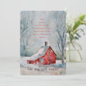 Kerstcitaat Rood Boerderij Huis Sneeuwwinterlandsc Feestdagenkaart (Staand voorkant)