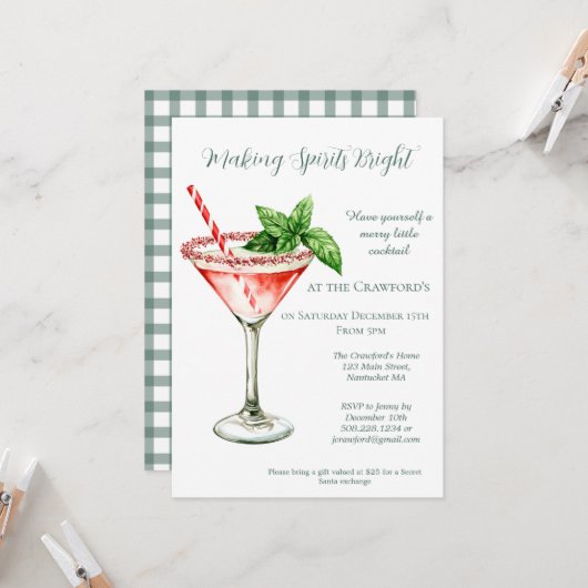 Kerstcocktail Martini Vakantiefeestje Kaart (Voorkant / Achterkant in situ)