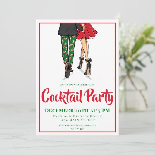 Kerstcocktail party uitnodiging feestelijk paar (Staand voorkant)