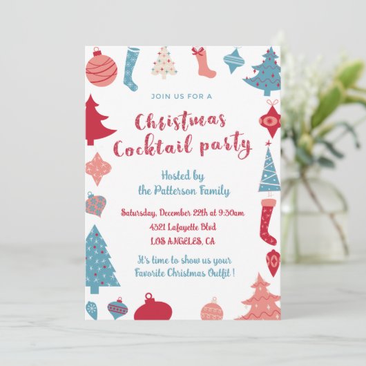 Kerstcocktail uitnodiging Schattige roze en blauw (Staand voorkant)