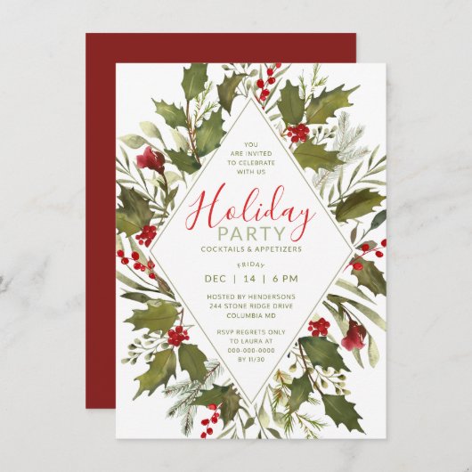 Kerstcocktail Waterverf  Holly Kaart (Voorkant / Achterkant)