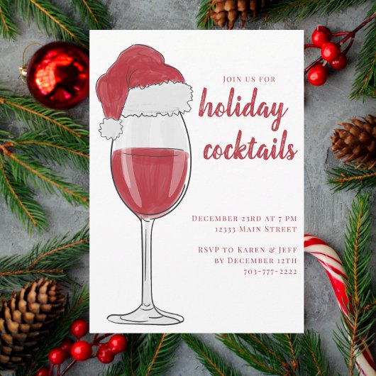 Kerstcocktailfeest / Rode wijn Kerstmannenhoed Kaart