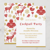 Kerstcocktailfeest uitnodiging Goud Rood Nordic (Voorkant / Achterkant)