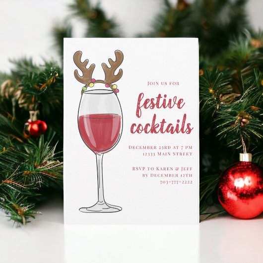 Kerstcocktailparty Rendier Rode Wijn Glas Kaart