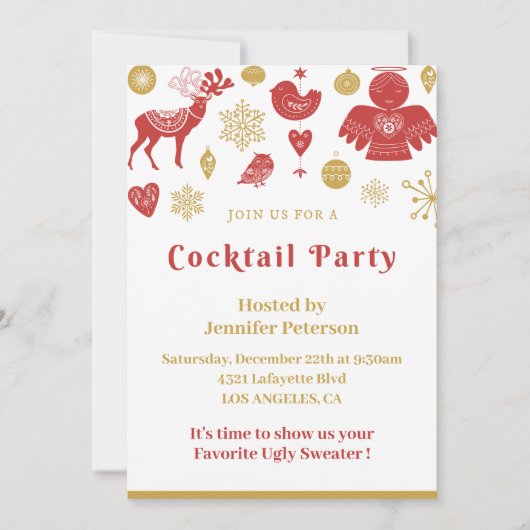 Kerstcocktailparty Uitnodiging Goud Rood Nordic (Voorkant)