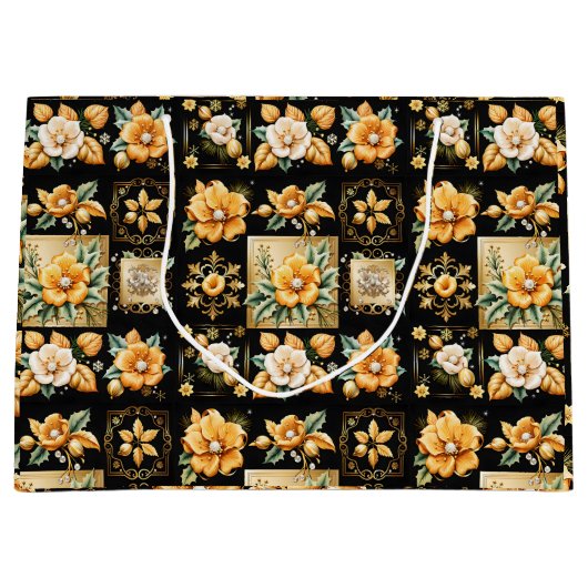 Kerstcollage met gouden en witte bloemen groot cadeauzakje (Voorkant)