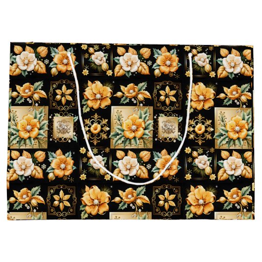 Kerstcollage met gouden en witte bloemen groot cadeauzakje (Achterkant)