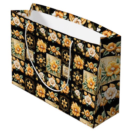 Kerstcollage met gouden en witte bloemen groot cadeauzakje (Achterkant Gekanteld)