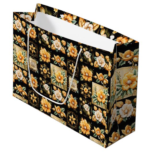 Kerstcollage met gouden en witte bloemen groot cadeauzakje (Voorkant Gekanteld)