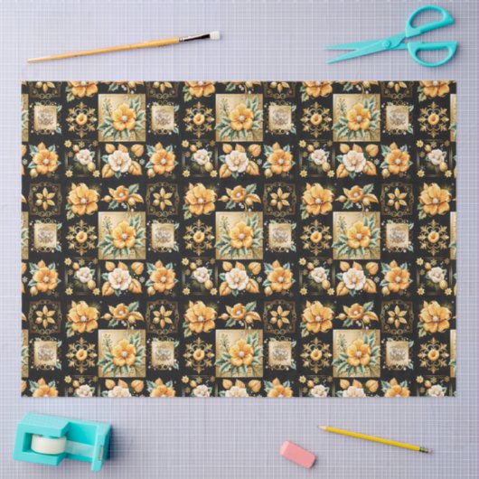 Kerstcollage met gouden en witte bloemen tissuepapier (Craft)