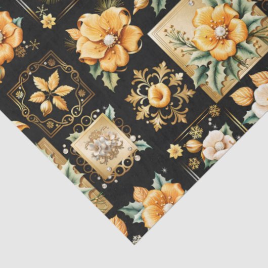 Kerstcollage met gouden en witte bloemen tissuepapier (Detail)