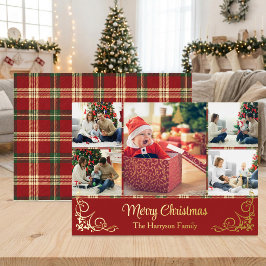 Kerstcollage met tartan en goud folie familiefoto' feestdagenkaart