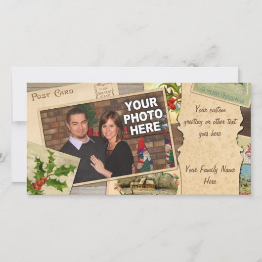 Kerstcollage met vintage kerstkaarten en eigen fot feestdagenkaart (Voorkant)
