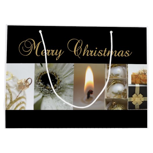 Kerstcollage zwart, wit en goud large cadeautasje (Achterkant)