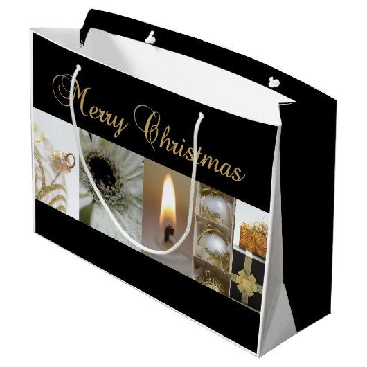 Kerstcollage zwart, wit en goud large cadeautasje (Achterkant Gekanteld)