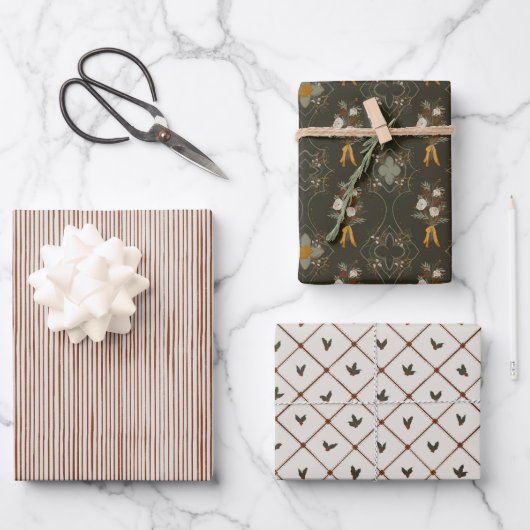 kerstCollectie | Stripe, Floral, Holly Wrapp Inpakpapier Vel (Voorkant)