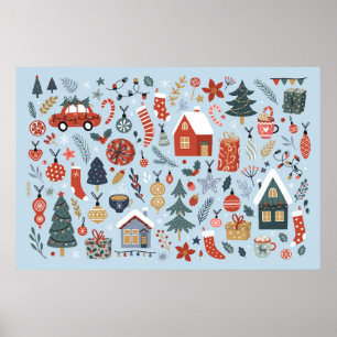 kerstcollectie van decoratieve winterelementen poster