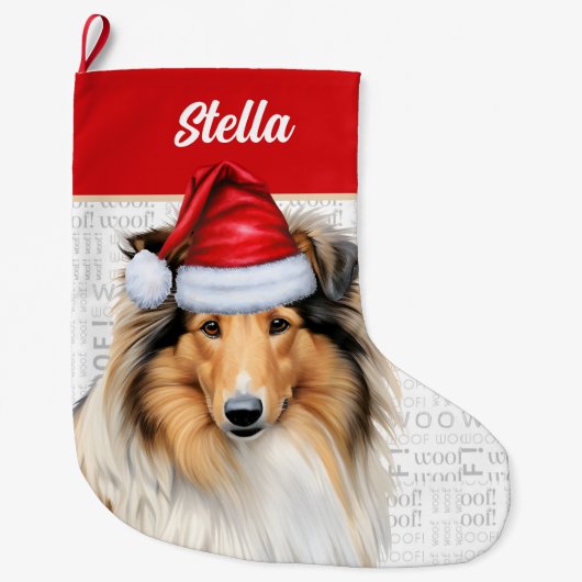 Kerstcollie Dog met naam Wof Background Grote Kerstsok (Voorkant)
