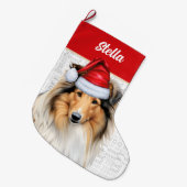 Kerstcollie Dog met naam Wof Background Grote Kerstsok (Voorkant (Hangend))