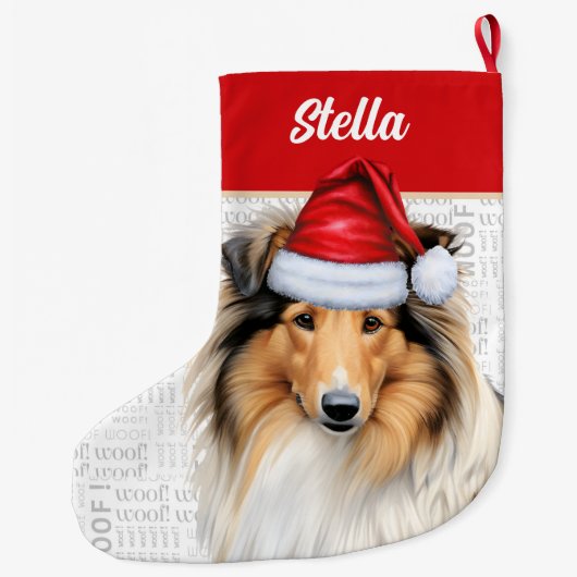 Kerstcollie Dog met naam Wof Background Grote Kerstsok (Achterkant)