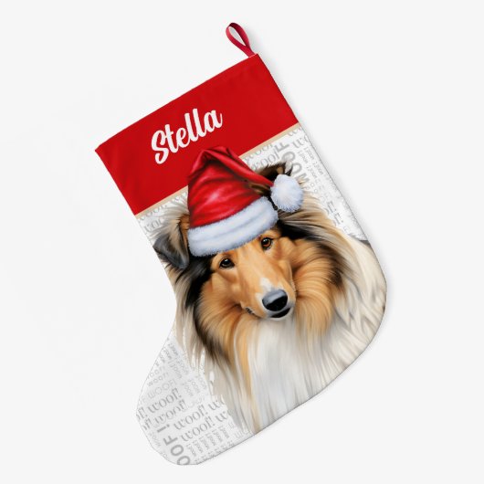 Kerstcollie Dog met naam Wof Background Grote Kerstsok (Achterkant (Hangend))