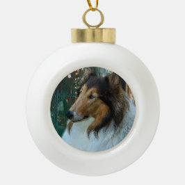 Kerstcollie op het raam keramische bal ornament