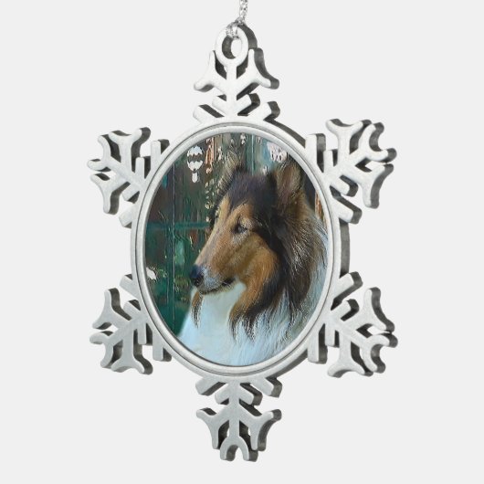 Kerstcollie op het raam tin sneeuwvlok ornament (Rechts)