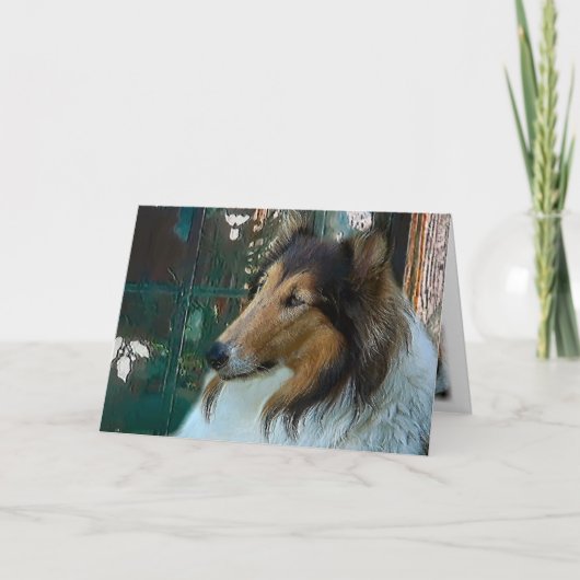 Kerstcollie op raam feestdagen kaart (Voorkant)