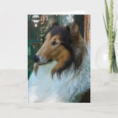 Kerstcollie op raam feestdagen kaart (Voorkant)