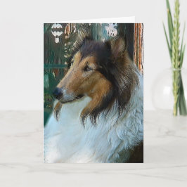 Kerstcollie op raam feestdagen kaart