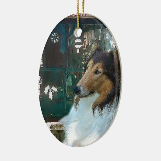 Kerstcollie op raam keramisch ornament (Links)
