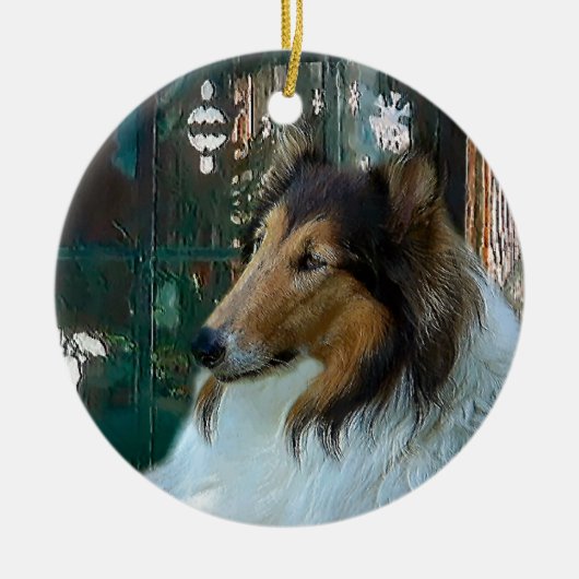 Kerstcollie op raam keramisch ornament (Voorkant)