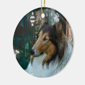 Kerstcollie op raam keramisch ornament (Links)