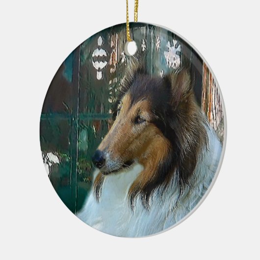 Kerstcollie op raam keramisch ornament (Links)