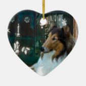 Kerstcollie op raam keramisch ornament (Voorkant)