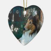 Kerstcollie op raam keramisch ornament (Links)