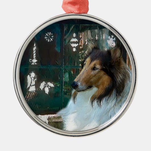 Kerstcollie op raam metalen ornament (Voorkant)