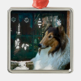 Kerstcollie op raam metalen ornament