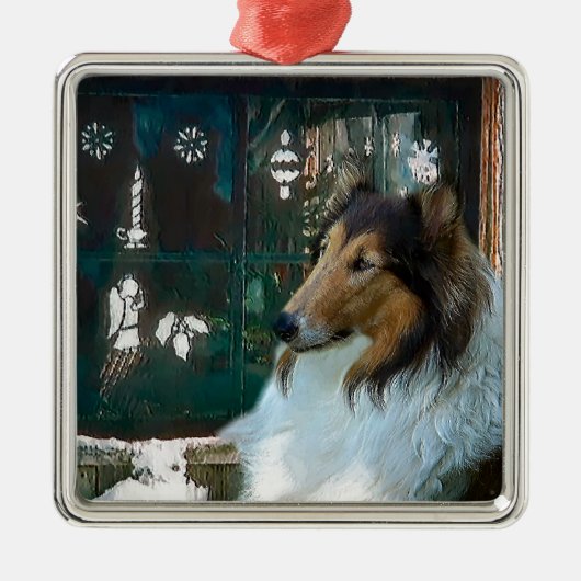 Kerstcollie op raam metalen ornament (Voorkant)
