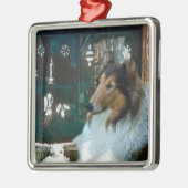 Kerstcollie op raam metalen ornament (Links)