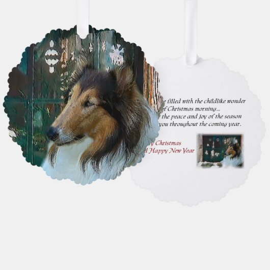 Kerstcollie op raam ornament kaart (Voorkant / Achterkant)