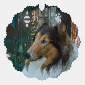 Kerstcollie op raam ornament kaart (Voorkant)