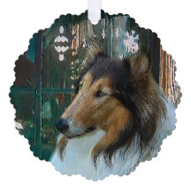 Kerstcollie op raam