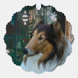 Kerstcollie op raam ornament kaart