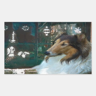 Kerstcollie op raam rechthoekige sticker