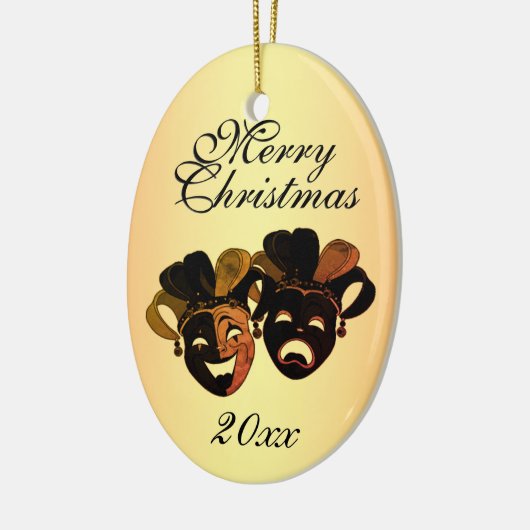 Kerstcomedy en tragische theatermaskers keramisch ornament (Links)