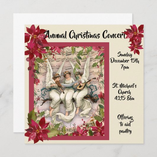 Kerstconcert met engelen en poinsettia's kaart (Voorkant / Achterkant)