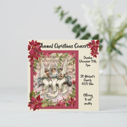 Kerstconcert met engelen en poinsettia's kaart (Staand voorkant)